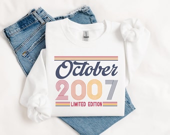 Retro 18e verjaardagsshirt, vintage verjaardagsshirt uit 2007, gepersonaliseerd verjaardagsfeestshirt, verjaardagscadeaushirt, sweatshirt voor de verjaardag van 2007
