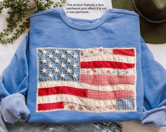 FAUX patchwork Amerikaanse vlag Comfort Colors®-sweater, 250th Years-trui, Fourth Of July-ronde hals, imitatiegewatteerde Amerikaanse sweater