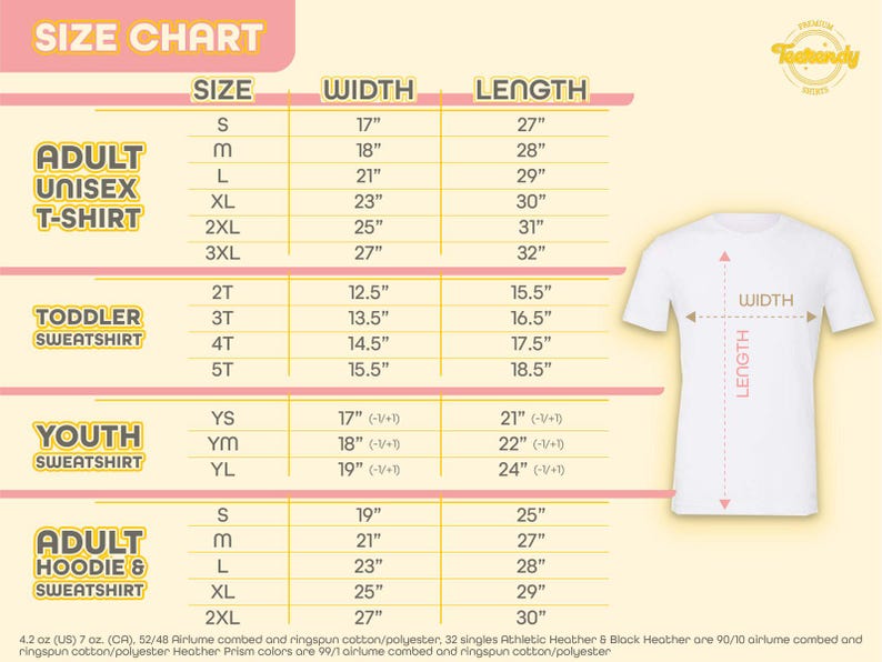 The image is a size chart for a T-shirt, providing measurements for different age groups and corresponding shirt sizes.