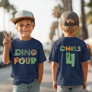 Custom Dino Birthday T-Shirt, Dinosaur Birthday Tee, 4th Birthday Boy Gift