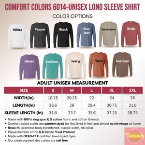 a collection of long-sleeved shirts in various colors, including white, pepper, black, blue jeans, sandstone, brick, purple, seafoam, ivory, yam, espresso, and more. The image also provides information about the adult male measurement for each shirt, including the width and length measurements.