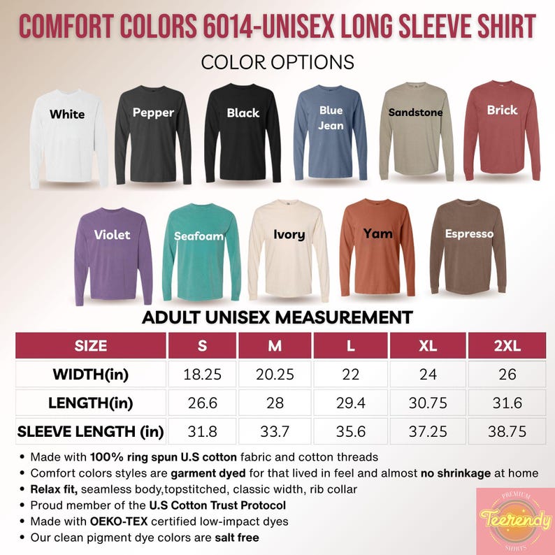 a collection of long-sleeved shirts in various colors, including white, pepper, black, blue jeans, sandstone, brick, purple, seafoam, ivory, yam, espresso, and more. The image also provides information about the adult male measurement for each shirt, including the width and length measurements.