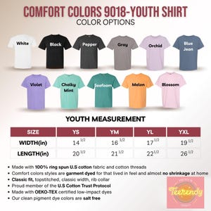a collection of youth shirts in various colors, including white, black, pepper, gray, orchid, blue jeans, purple, chunky mint, sea foam, melon, blossom, and peach. The shirts are arranged in rows, with each row representing a different size and color option. The image also provides information about the youth measurement, including the width, length, and yard measurement, as well as the material and dye used.