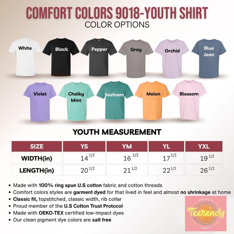 a collection of youth shirts in various colors, including white, black, pepper, gray, orchid, blue jeans, purple, chunky mint, sea foam, melon, blossom, and peach. The shirts are arranged in rows, with each row representing a different size and color option. The image also provides information about the youth measurement, including the width, length, and yard measurement, as well as the material and dye used.
