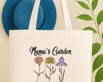 Mama's Garden Tote Bag, Custom Birthflower Gift Tote, Nana's Floral Tote Bag, Kids Names Gift For Mommy