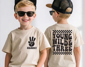 Young Wild Three Birthday T-Shirt, Custom 3rd Birthday Name Kids Shirt, Birthday Boy Party Gift
