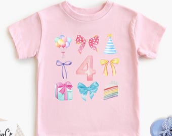 Maglietta con fiocco e scritta "Coquette" per il 4° compleanno, maglietta per bambina per il quarto compleanno, regalo di compleanno per una bambina di 4 anni