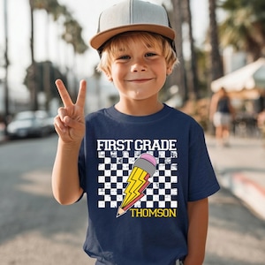Custom First Grade T-Shirt, Checkered Back to School Shirt, Kids School Gift Tee