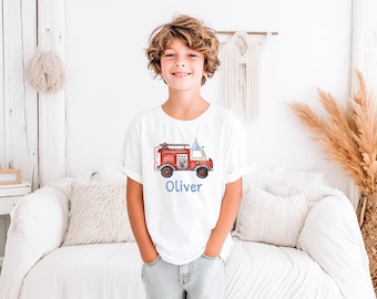 Verjaardagsshirt brandweerwagen, aangepast T-shirt feestvarken, brandweerwagen kinderen verjaardagsfeestje T-shirt, eerste vrachtwagen verjaardag sweater