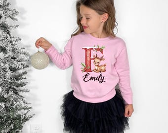 Camiseta navideña personalizada para niños, camiseta navideña de reno para niña, camiseta navideña con nombre para niños, sudadera navideña para niños pequeños.