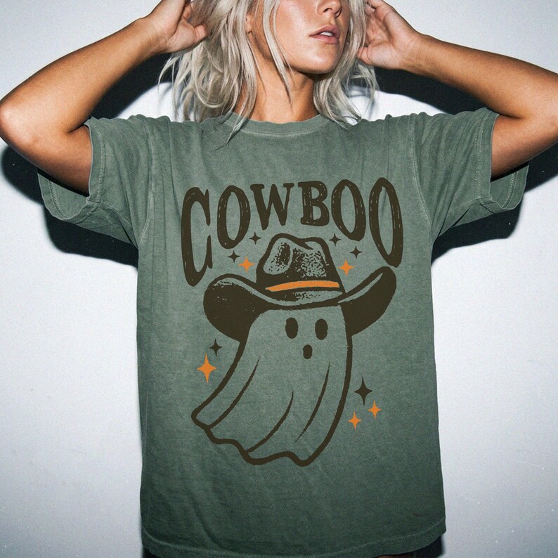 Western Ghost Comfort Colors® Shirt, Cowboy Halloween T-Shirt, Spooky Fall Shirt, Retro Halloween Cowboy Hat Ghost Tee