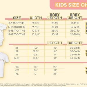 The image is a kids size chart that provides measurements and corresponding clothing sizes for different age groups, including babies, toddlers, and youth.