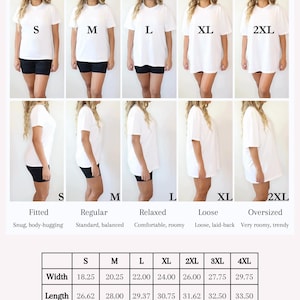 The image is a size fit guide for a t-shirt, showing different sizes and fits for a model. It includes measurements for width, length, and sleeve size, as well as descriptions of the fit and comfort levels for each size.