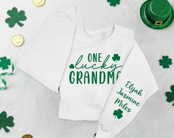 One Lucky Grandma Sweatshirt with Children Name on Sleeve, Custom St Patrick's Day Sweatshirt, Lucky Grandma Long Sleeve,St Patricks Day Tee