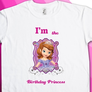 May include: White t-shirt with a purple and pink design featuring a cartoon princess with the text "I'm the Birthday Princess".
