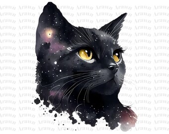 Galaxy Black Cat Watercolor Clipart | T-Shirt Design (Digital Download)