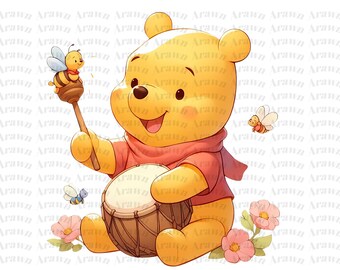 Winnie the Pooh with Honeycomb and Drum PNG, Family Vacation Design (Digital Download)
