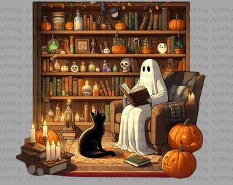 Fantasma de Halloween espeluznante, calabazas, hojas de otoño PNG SVG (descarga digital)