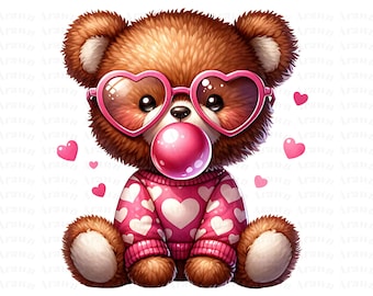Teddy Bear Blowing Bubblegum, Hearts PNG, T-Shirt Design (Digital Download)