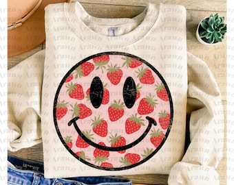 Distressed Strawberry Smiley Face PNG, Retro T-Shirt Design (Digital Download)