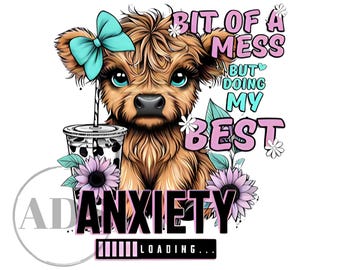 Funny Anxiety Highland Cow Messy Bun T-Shirt Design (PNG)