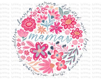 Boho Floral Mama PNG, Mom Adjectives, Mother's Day (Digital Download)