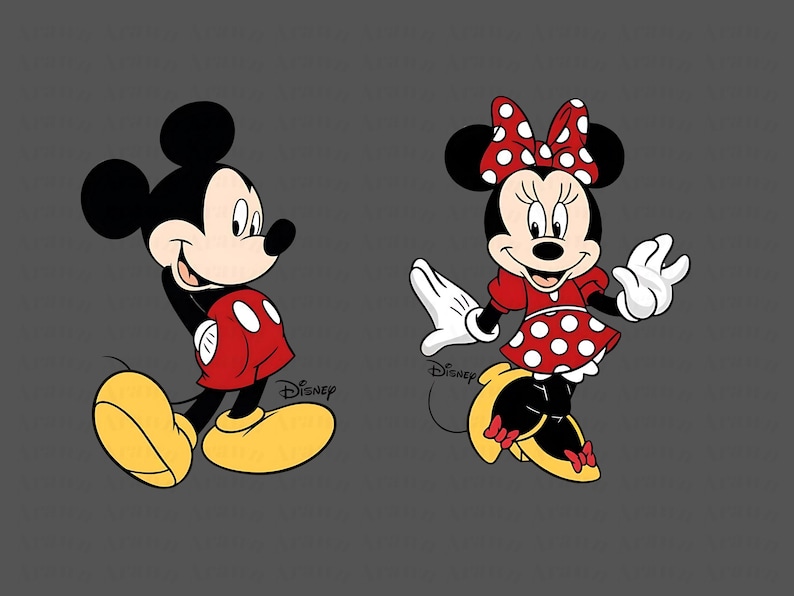 K&ouml;nnte beinhalten: Die Zeichentrickfiguren Mickey Mouse und Minnie Mouse. Mickey tr&auml;gt eine rote Hose und gelbe Schuhe. Minnie tr&auml;gt ein rotes Kleid mit wei&szlig;en Punkten, eine rote Schleife mit wei&szlig;en Punkten und gelbe Schuhe.