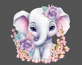 Floral Baby Elephant Printable Clipart Image Instant Digital Download Design