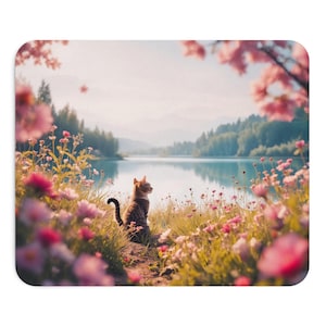 Cat Meadow Lake-muismat, schattig kitten computerbureaumat, dierenliefhebber kantoordecor, kattenliefhebber cadeau, kitty mousepad