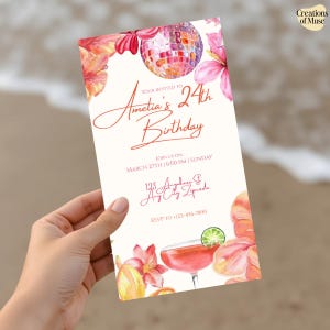 May include: A birthday invitation with a watercolour design. The invitation features the text "Amelia's 24th Birthday" in elegant script, along with event details. Floral and disco ball illustrations in pink and orange adorn the edges, creating a festive look.