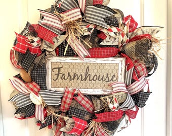 Rustic Farmhouse Wreath: Red, Black Plaid & Burlap Door Decor