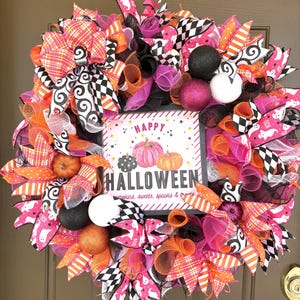 Happy Halloween Deco Mesh Wreath – Pink, Orange & Black Cute Ghost Pumpkin Wreath, Whimsical Fall Door Decor, Gift