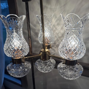 Waterford Crystal Three Arm Polished Brass Chandelier- Hurricane Lamp- Crystal