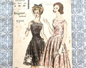 Vintage 1960 Vogue (Australia) Sewing Pattern #5050 Cocktail Dress Full Skirt Size 12 Bust 32 inches Hip 34 (A)