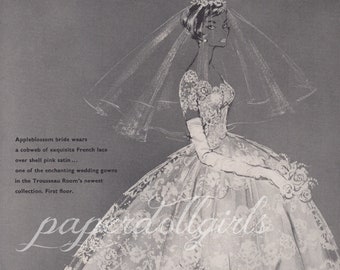 Vintage 1950s UK Vogue 1959 Magazine Advertisement HARRODS Wedding Dress Bridal Bride London Mid Century Wall Decor