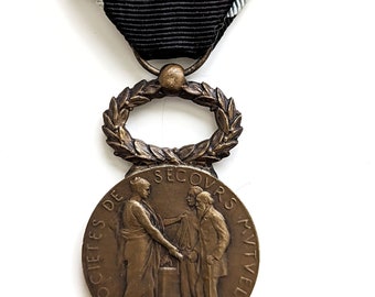 1936 French Medal France Societe de Secours Mutuels Blue Grey Ribbon Mutual Benefit Association