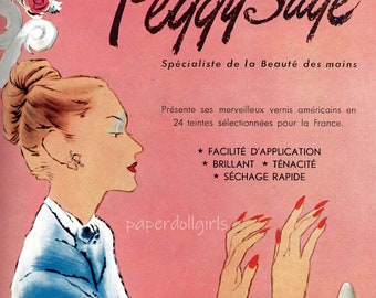 DIGITAL INSTANT Download Vintage 8-1/2x11" French Femina 1949 Peggy Sage Nail Polish Illustration CollageJournal Card Craft Wall Art