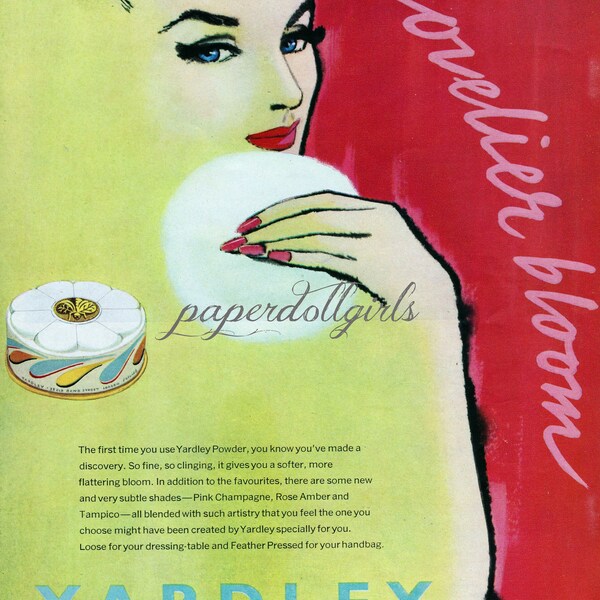 ORIGINAL Fashion Magazine Ad Vogue UK April 1948 Yardley Dusting Powder Illustration Paper Ephemera Wall Art Collectible Mid Century