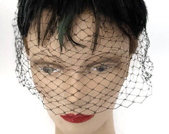 Vintage 1950s USA Black Feather Velvet Half Hat Net Veil Fifties Style Cocktail Dinner Hat Collectible Mid Century