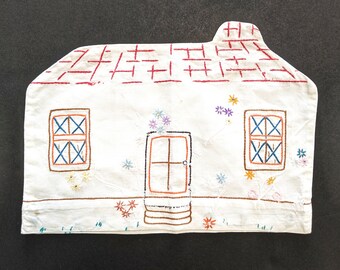 Vintage 1950s USA Embroidered Cotton Tea Cosy House Cottage Fifties  Colorful Collectible Embroidery