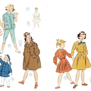 May include: Illustration of vintage children's clothing designs. The image features various outfits, including dresses, coats, and suits, in a retro style. The color palette includes pastels, browns, and blues, with detailed drawings of each garment.
