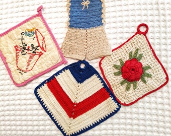 Vintage 1950s USA Crocheted Embroidered Potholders Fifties Kitten Rose Dress Red White Blue Colorful Collectible Embroidery (BDC)