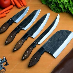 Handmade High Carbon Steel Chef Knife Set: Rosewood Resin Handle, Leather Roll
