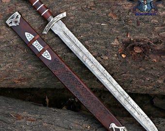 Hand Forged Damascus Steel Viking Sword Replica: Norse Cosplay Sword with Display Mount