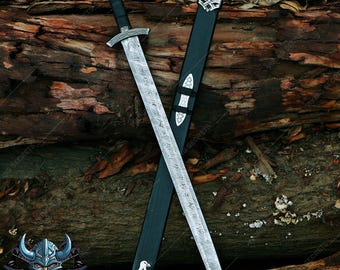 Hand Froged Damascus Steel Viking Sword For Wedding Gift, Viking Master Cosplay Long Sword,  Handmade Fantasy Sword With Leather Sheath