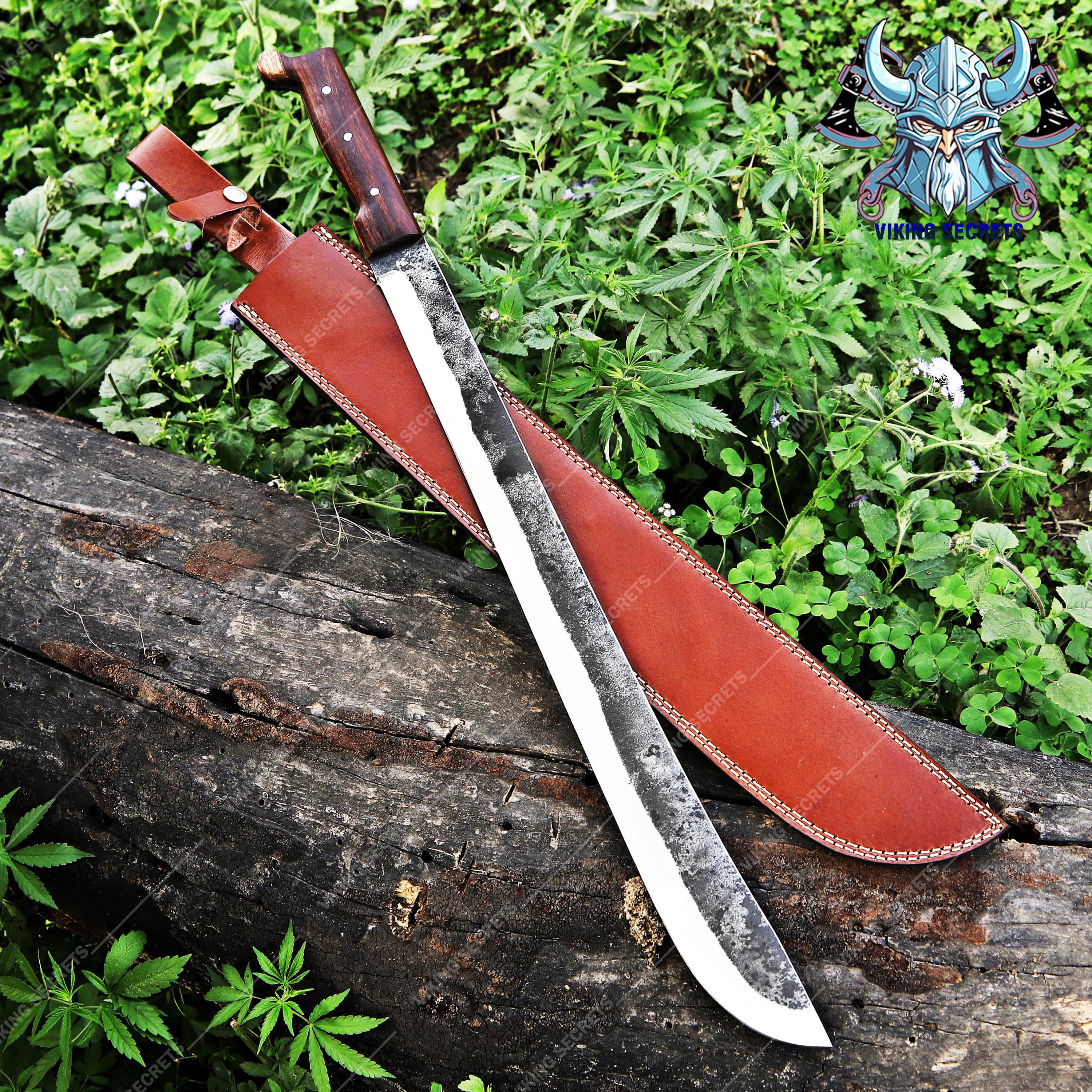 Hand Forged Carbon Steel Machete: Rosewood Handle, Leather Sheath