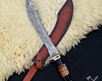 Cuchillo Bowie vikingo de acero de Damasco forjado a mano, herramienta de acampada, funda de cuero