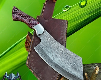 Handmade Damascus Chef Cleaver: Red Resin Handle, Viking Style with Leather Sheath