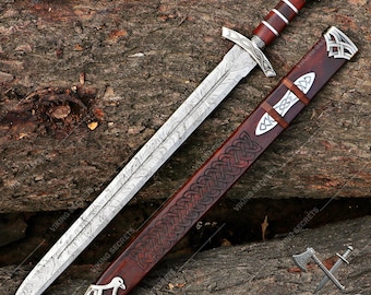 Hand Forged Damascus Steel Viking Sword - Cosplay or Wedding Gift