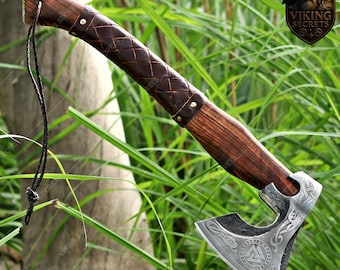 Personalized Viking Axe, Hand made Carbon Steel Camping Hatchet With Leather Sheath